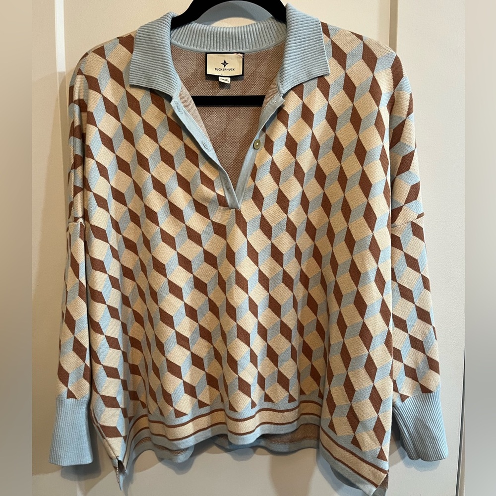 Tuckernuck Geometric V-Neck Sweater in Blue and Brown